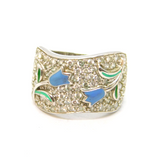 Sterling Silver Enamel Flowers & CZ Chunky Band Ring Vintage 2000 Size U 1/2