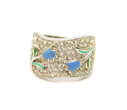 Sterling Silver Enamel Flowers & CZ Chunky Band Ring Vintage 2000 Size U 1/2