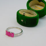 Sterling Silver 3 Stone Pink Sapphire & Diarmond Ring Vintage c1970 Size R 1/2