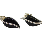 Pair of Sterling Silver Black Onyx Agate Leaf Form Stud Earrings Modern c2000