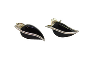 Pair of Sterling Silver Black Onyx Agate Leaf Form Stud Earrings Modern c2000