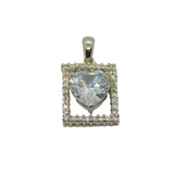 Sterling Silver CZ Rectangle Framed Heart Drop Charm Pendant Modern c2000s