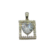 Sterling Silver CZ Rectangle Framed Heart Drop Charm Pendant Modern c2000s