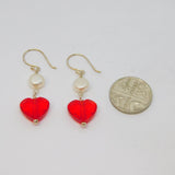 Pair of Sterling Silver Pearl & Red Crystal Heart Earrings Contemporary c2015