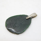 Sterling Silver & Carved Nephrite Jade Floral Drop Pendant Vintage c1970