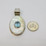 Sterling Silver Shell & Blue Topaz Studio Style Oval Charm Pendant Vintage c1970