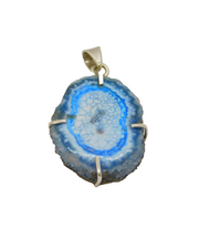 Sterling Silver Blue Druzy Agate Natural Stone Charm Pendant Vintage c1970s