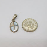 Sterling Silver Blue & White Shell Oval Charm Pendant Vintage c1970