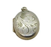 Sterling Silver Floral Pattern Oval Locket Charm Pendant Vintage c1970