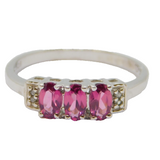 Sterling Silver 3 Pink Topaz & Diamond Deco Style Ring Vintage c1970 Size M 1/2