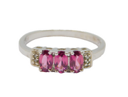 Sterling Silver 3 Pink Topaz & Diamond Deco Style Ring Vintage c1970 Size M 1/2