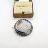 Victorian Sterling Silver Mounted Banded Agate Button Brooch Antique c1880