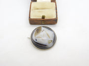 Victorian Sterling Silver Mounted Banded Agate Button Brooch Antique c1880