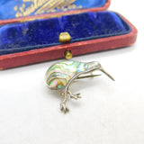 New Zealand Sterling Silver Abalone Set Kiwi Brooch Pin Antique c1930 Art Deco