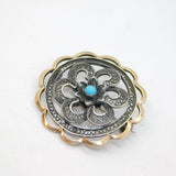 Scandinavian Sterling Silver & Gold Turquoise Filigree Art Deco Brooch Pin c1930