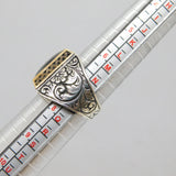 Sterling Silver Brass Fronted Green Glass Gothic Style Ring Vintage c1970 Size O