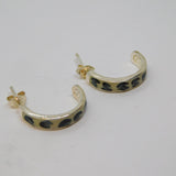 Pair of Sterling Silver Black & Cream Enamel Pattern Hoop Earrings Vintage c1970