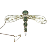 Sterling Silver 4 Green Tourmaline Large Dragonfly Brooch Pin Modern c1990