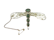 Sterling Silver 4 Green Tourmaline Large Dragonfly Brooch Pin Modern c1990