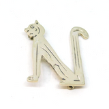 Sterling Silver Modernist Cat Design Initial N Brooch Vintage c1970