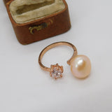Rose Gold on Sterling Silver, Faux Pearl & Spinel Dress Ring Vintage c1970