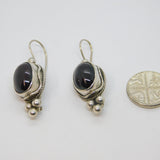 Pair of Sterling Silver Cabochon Garnet Hook Drop Studio Earrings Vintage c1990