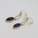 Pair of Sterling Silver Amethyst Marquise Cabochon Hook Earrings Vintage c1970