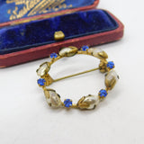Art Deco Gilt Metal, Pearl & Sapphire Paste Circular Brooch Antique c1930
