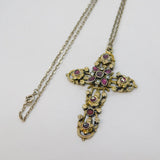 Austro-Hungarian Sterling Silver Garnet, Pearl & Enamel Cross Necklace Antique