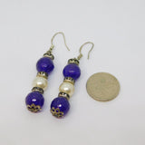 Pair of Sterling Silver Amethyst & Glass Pearl Bead Drop Earrings Vintage c1970