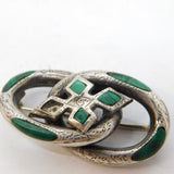 Victorian Scottish Sterling Silver Malachite Set Celtic Knot Brooch Antique