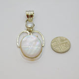 Sterling Silver Oval Mother Of Pearl & Pearl Large Drop Pendant Modern c1990s