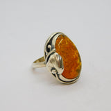 Sterling Silver Baltic Amber Vine Leaf Pattern Studio Ring Vintage c1970 Size M