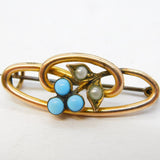 Victorian Rolled Gold, Seed Pearl & Turquoise Floral Brooch Pin Antique c1890s