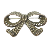 Sterling Silver Marcasite Set Bow Ribbon Brooch Pin Antique c1930 Art Deco