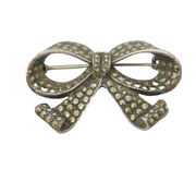 Sterling Silver Marcasite Set Bow Ribbon Brooch Pin Antique c1930 Art Deco