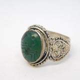 20th Century Ancient Style White Metal Green Agate Scorpion Signet Ring Antique