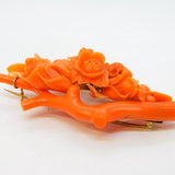 Georgian 9ct Yellow Gold Mounted Carved Natural Coral Floral Brooch Antique