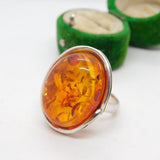 Sterling Silver & Cabochon Baltic Amber Statement Ring Vintage c1980