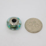 Sterling Silver Aqua Floral Glass Charmbead For Bracelet Vintage c2000