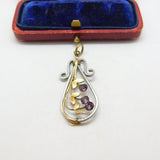 Sterling Silver & 9ct Gold Pink Paste Floral Drop Pendant Vintage c1970