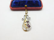 Sterling Silver & 9ct Gold Pink Paste Floral Drop Pendant Vintage c1970