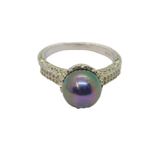 Sterling Silver Peacock Glass Pearl & CZ Cocktail Ring Vintage c1990 Size R 1/2
