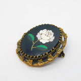 19th Century Gilt Metal Set Pietra Dura Floral Brooch Pin Antique c1880s