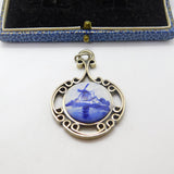 Delft Dutch Windmill Scene & White Metal Drop Pendant Antique c1920 Deco
