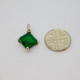 Sterling Silver Green Crystal Offset Square Drop Charm Pendant Modern c1990s