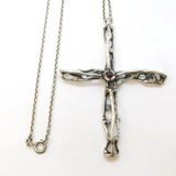 Large Studio Style Sterling Silver & Garnet Cross Pendant Necklace Vintage