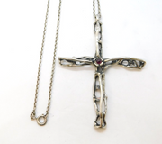 Large Studio Style Sterling Silver & Garnet Cross Pendant Necklace Vintage