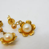 9ct Yellow Gold & Pearl Set Floral Stud Earrings Vintage c1970s