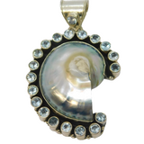 Sterling Silver Abalone Shell & Blue Topaz Large Charm Pendant Vintage c1970s